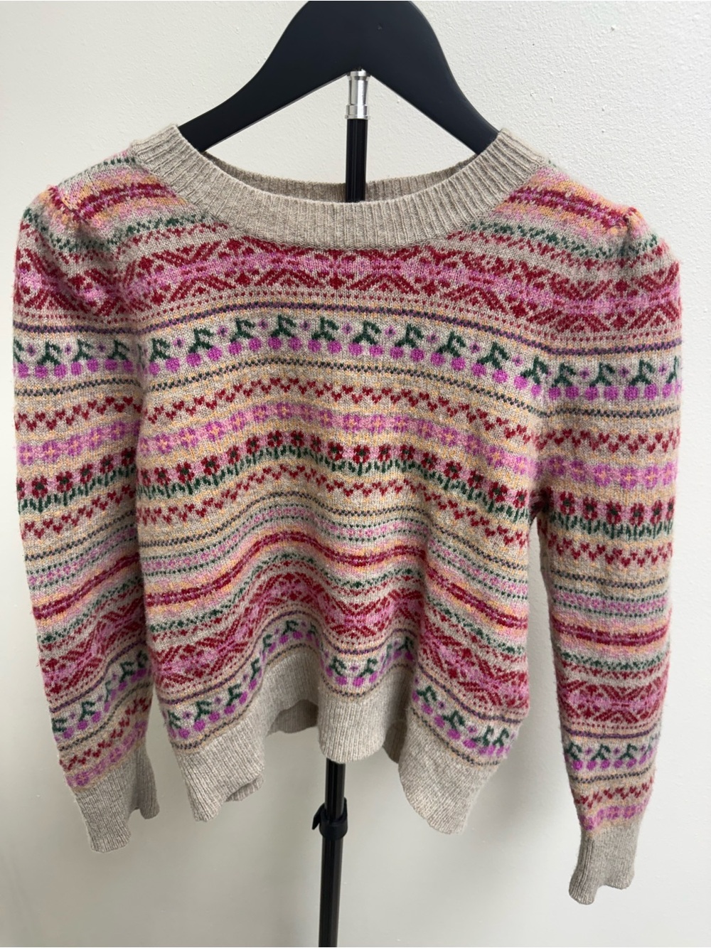J. Crew Beige Fair Isle Crewneck Sweater with Puff Sleeves Pink & Green Accents